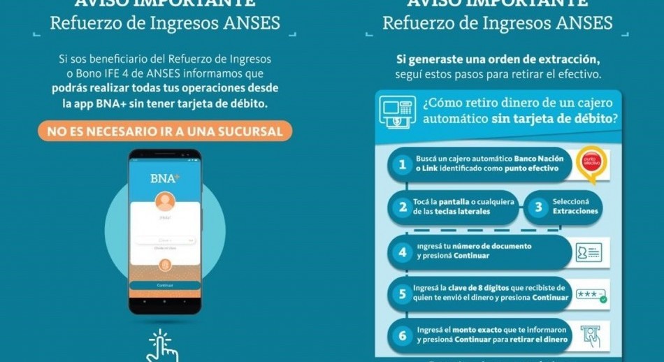 El BNA informa que abonará el bono de refuerzo de ingresos de ANSES (IFE 4) a través de la billetera